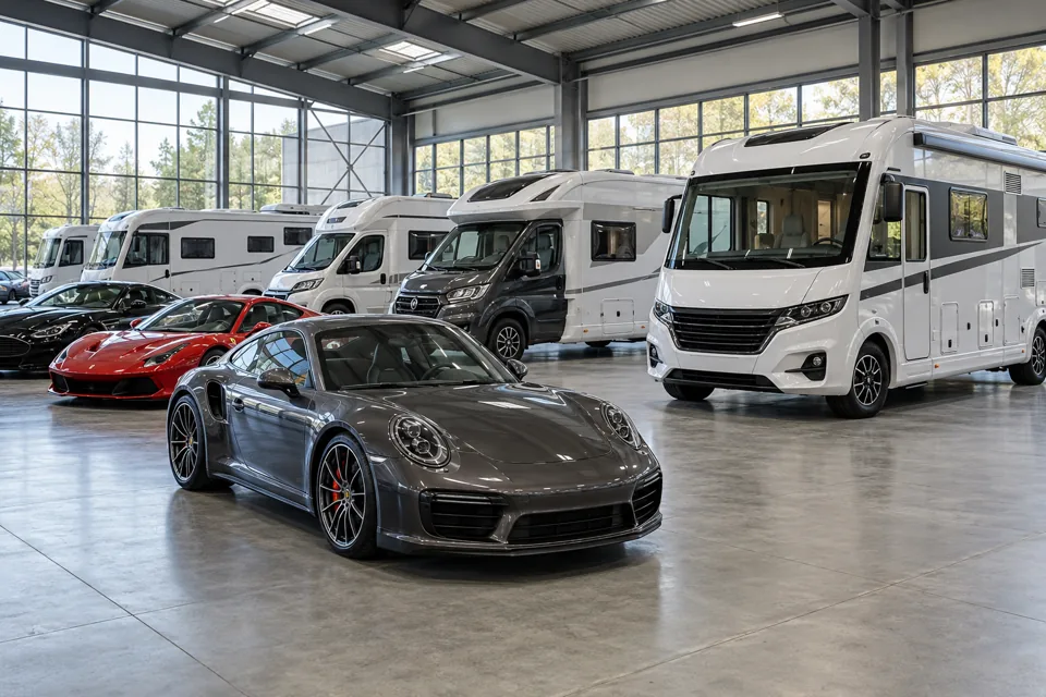 Sportwagen und Wohnmobile in einer Halle